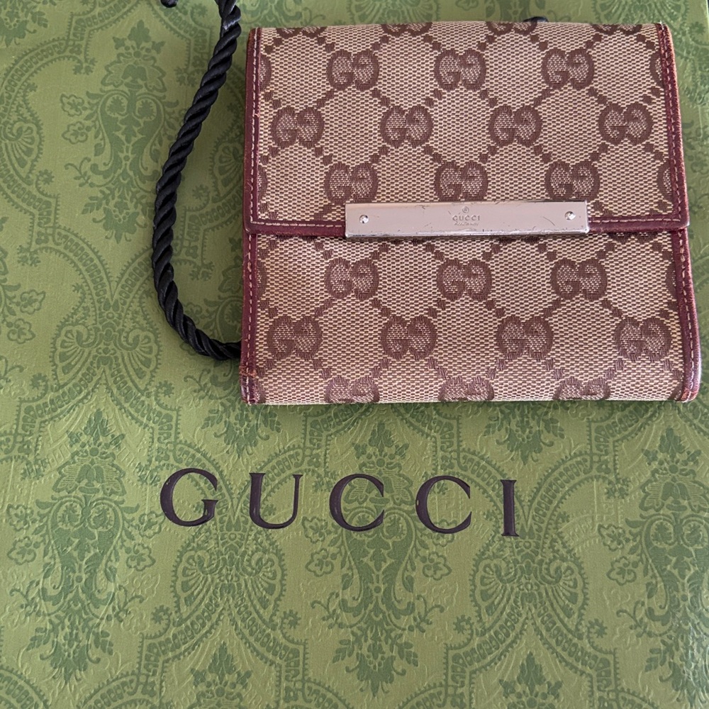 Gucci Marmont Signature GG Wallet Brown Leather Trim And Tan Canvas in Bag EUC 🚩